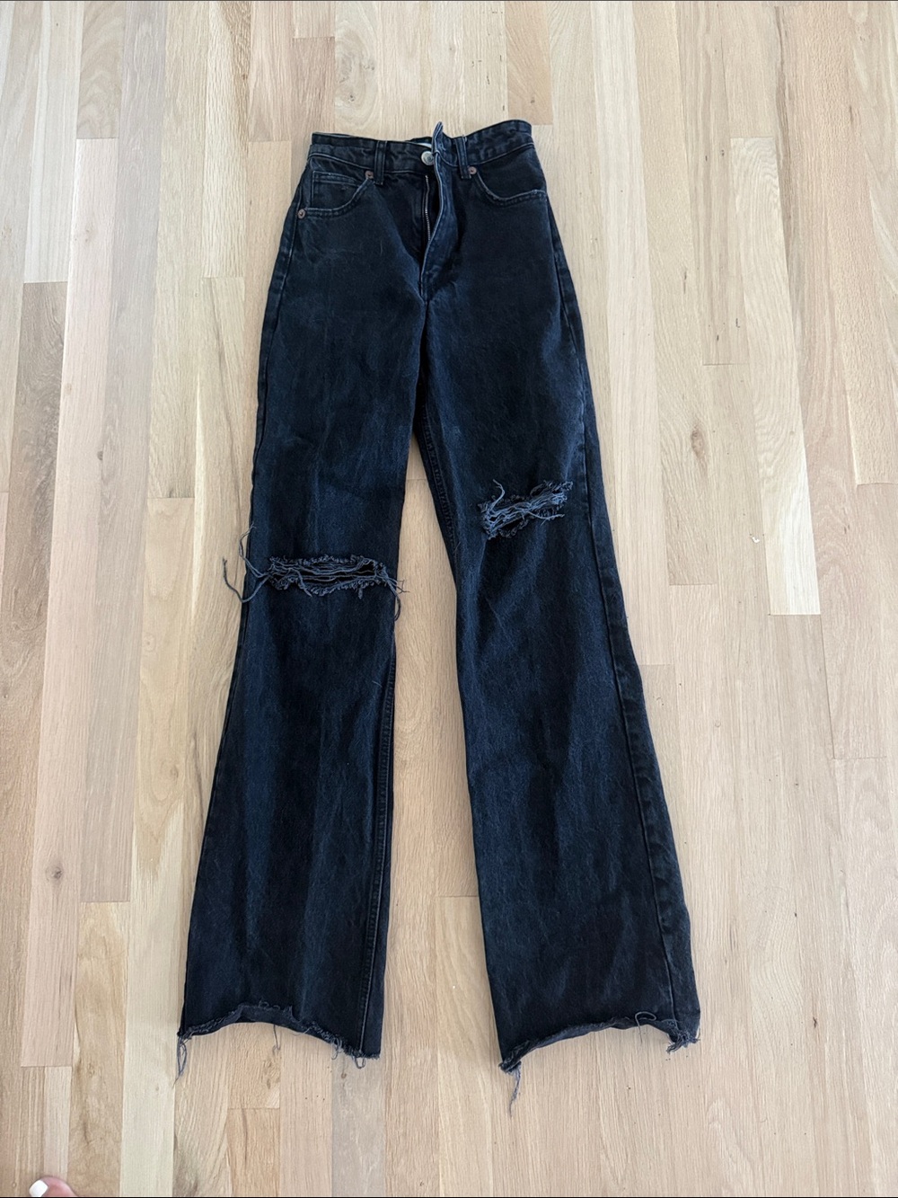 Zara Washed Black Distressed Wide-Leg Jeans